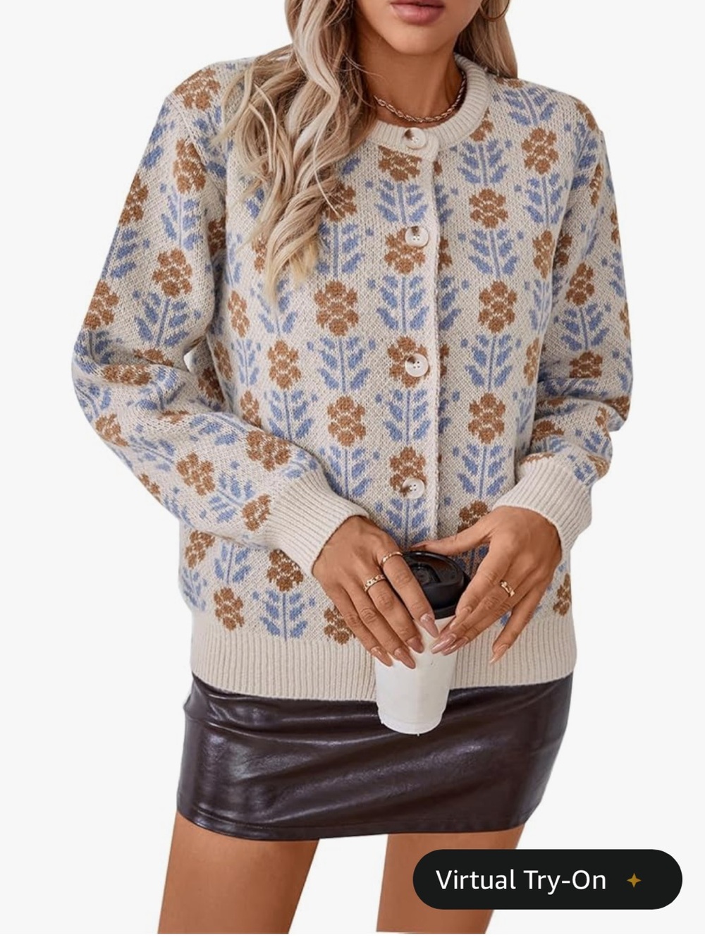 Floral Crewneck Button Cardigan Sweater - Cream & Blue